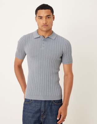 ASOS DESIGN muscle fit rib knit polo t-shirt in blue - view 1