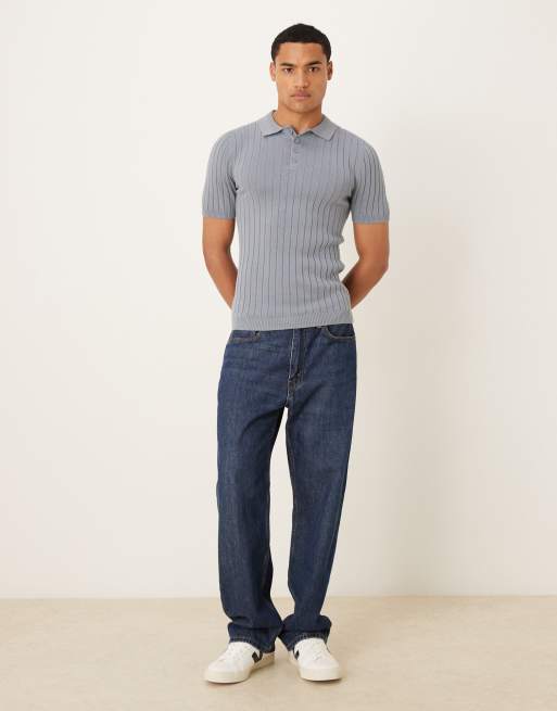 ASOS DESIGN muscle fit rib knit polo t-shirt in blue