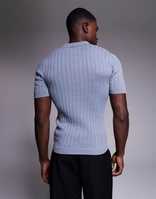ASOS DESIGN muscle fit rib knit polo t-shirt in blue, 3 of 5
