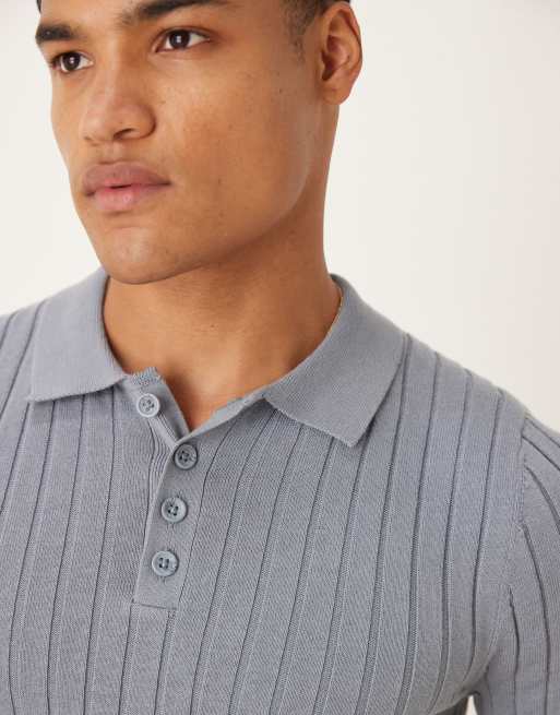 ASOS DESIGN muscle fit rib knit polo t-shirt in blue