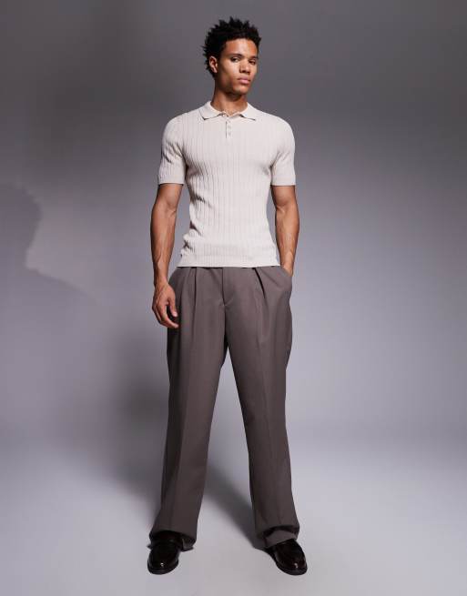 ASOS DESIGN muscle fit rib knit polo t-shirt in stone, 2 of 5
