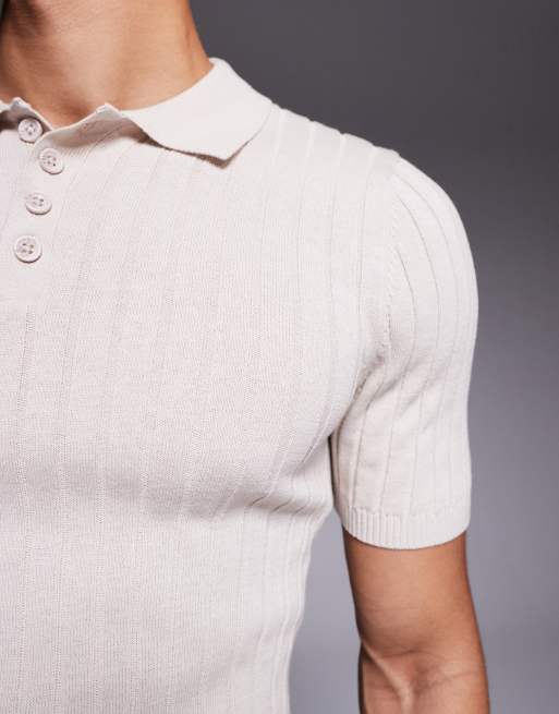 ASOS DESIGN muscle fit rib knit polo t-shirt in stone, 5 of 5