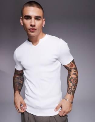 Asos Design Muscle Fit Rib Knit T-shirt With Notch Neck In White