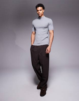 Asos Design Muscle Fit Rib Knit Turtle Neck T-shirt In Gray