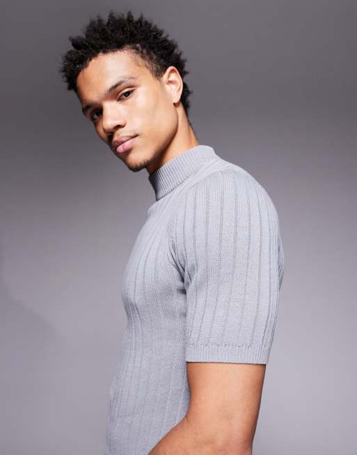 ASOS DESIGN muscle fit rib knit turtle neck t-shirt in gray, 4 of 5