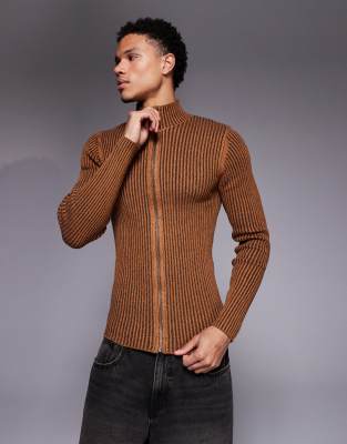 Asos Design Muscle Fit Rib Knit Zip Up Jacket In Brown