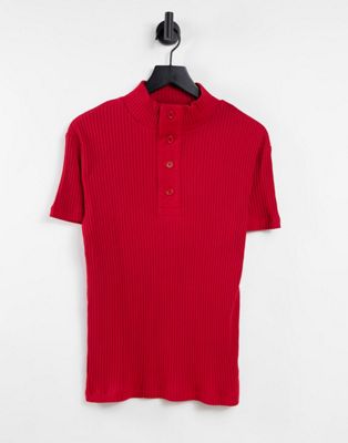 ASOS DESIGN muscle fit rib polo with open collar in red