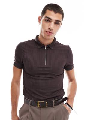 muscle fit rib polo with zip in brown