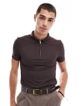 ASOS DESIGN muscle fit rib polo with zip in brown