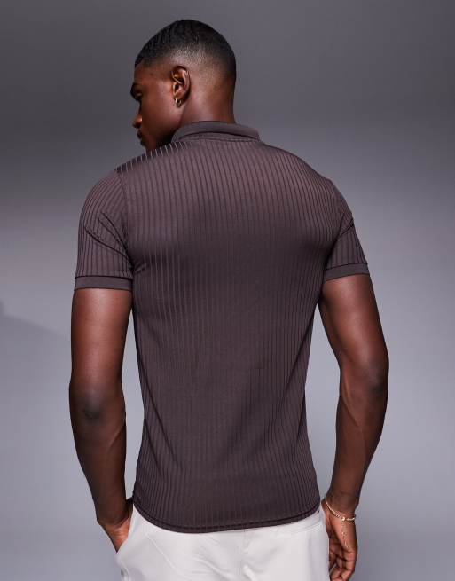 ASOS DESIGN muscle fit rib polo with zip in brown | ASOS