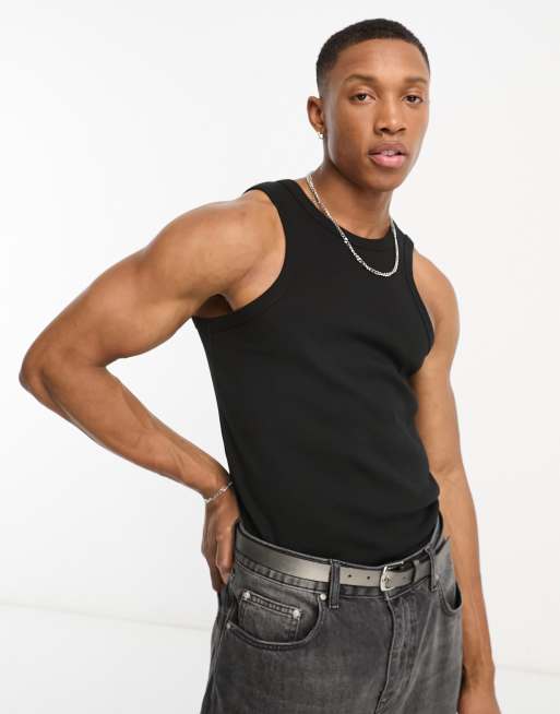 Black Soft Rib Knit Racer Tank Top