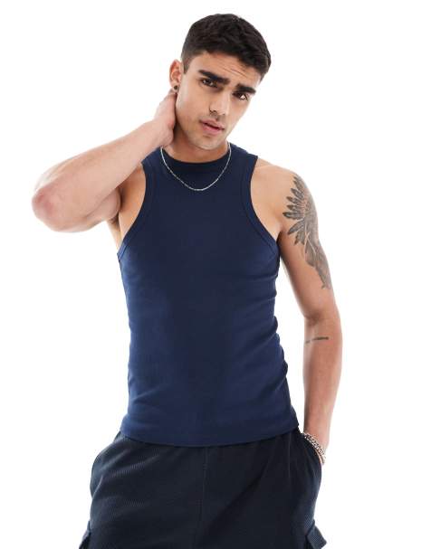 ASOS DESIGN muscle fit rib racer vest in navy - view 1
