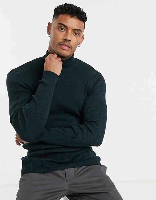ASOS DESIGN muscle fit rib roll neck jumper in teal twist