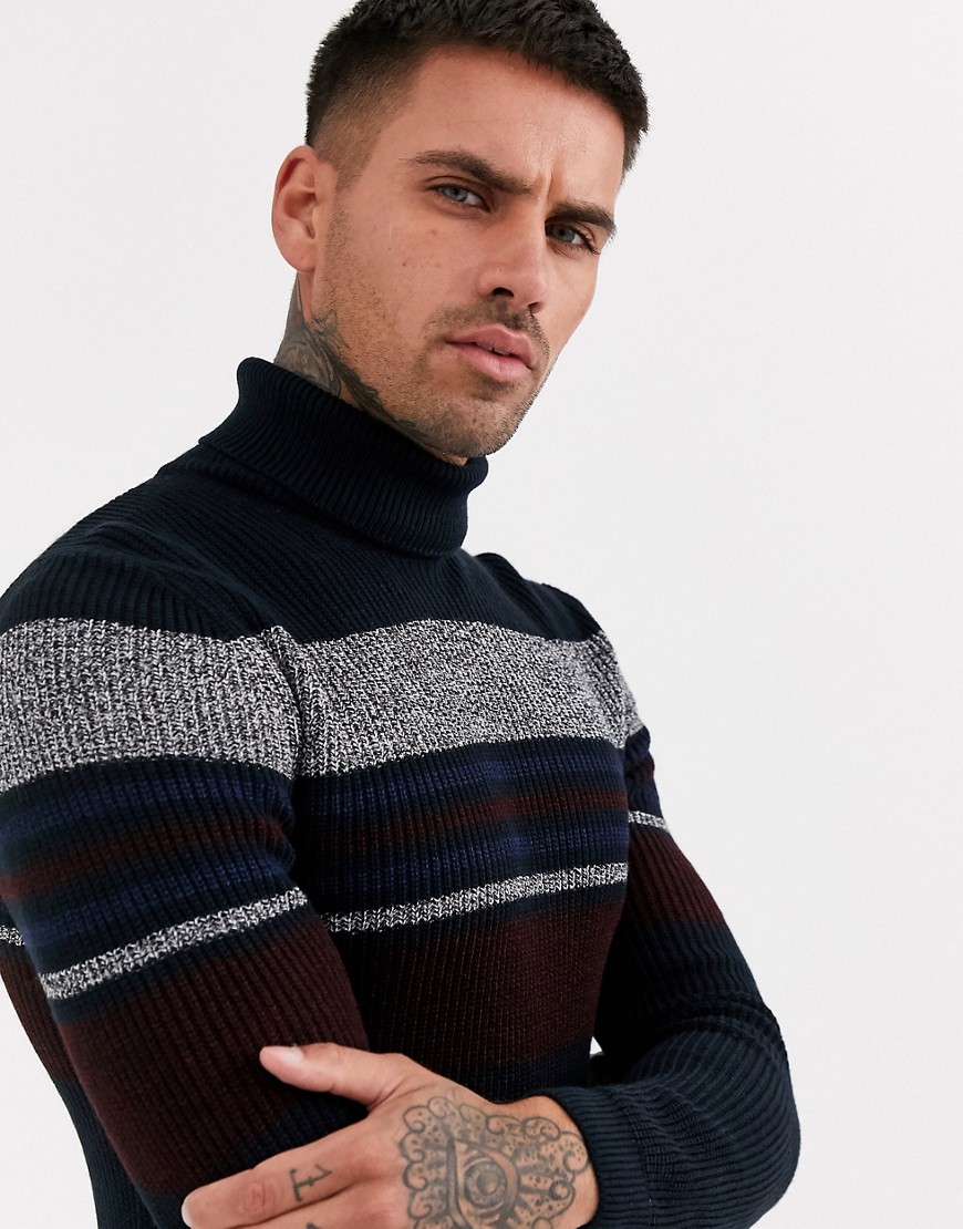 ASOS DESIGN muscle fit rib roll neck with colour block stripes in navy