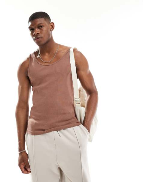 ASOS DESIGN muscle fit rib singlet in brown - view 1