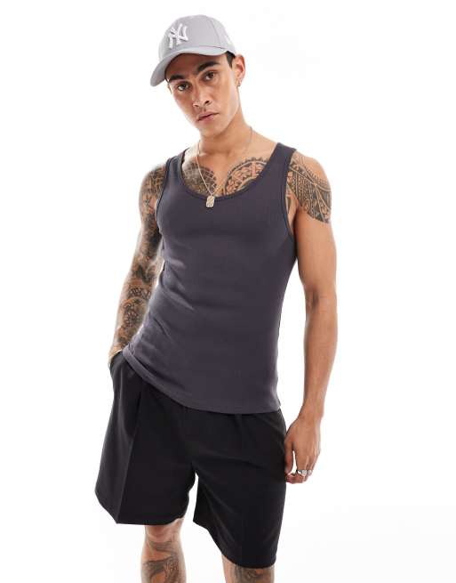 ASOS DESIGN muscle fit rib singlet in charcoal