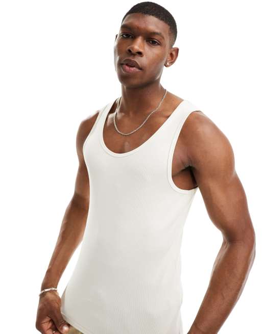 ASOS DESIGN muscle fit rib singlet in ecru