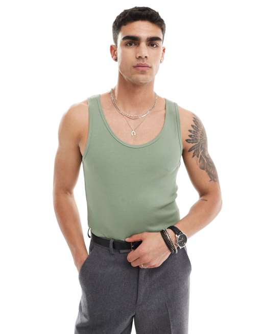 ASOS DESIGN muscle fit variegated rib tank top in khaki