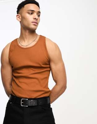 ASOS DESIGN muscle fit rib singlet in rich caramel