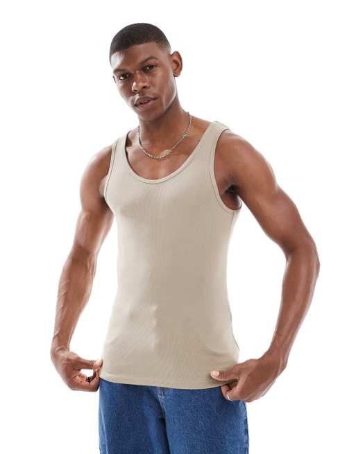 ASOS DESIGN muscle fit rib singlet in stone