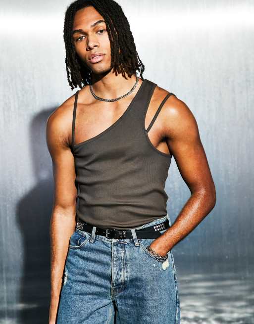 ASOS DESIGN muscle fit rib singlet with cut out details in brown
