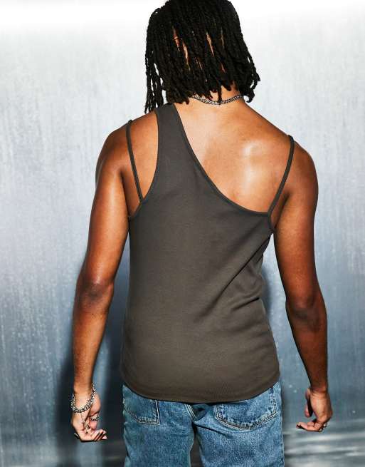 ASOS DESIGN muscle fit rib singlet with cut out details in brown, 2 of 4
