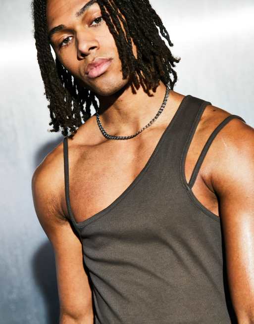 ASOS DESIGN muscle fit rib singlet with cut out details in brown, 3 of 4