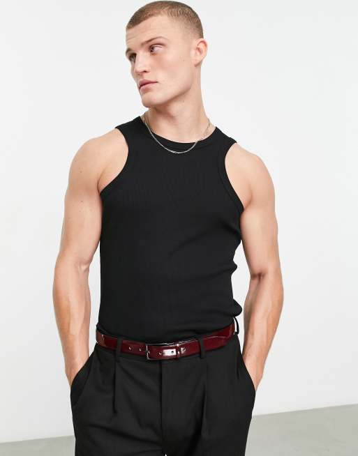 ASOS DESIGN muscle fit rib singlet with racer neck in black