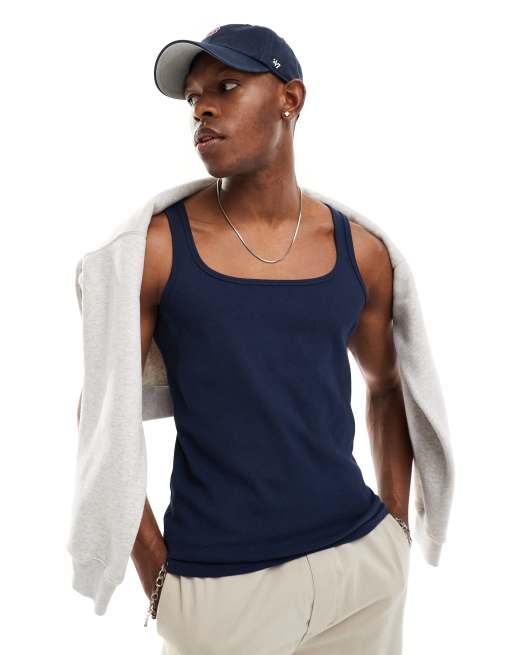 ASOS DESIGN muscle fit rib singlet with square neck in navy