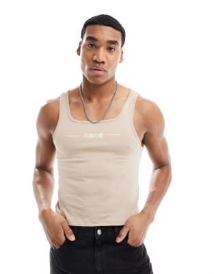 ASOS DESIGN muscle fit rib square neck vest in grey with text chest ...