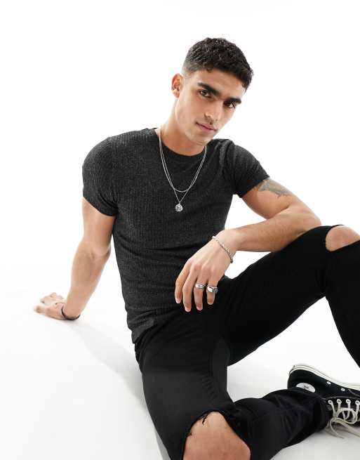 ASOS DESIGN muscle fit rib t-shirt in charcoal marl