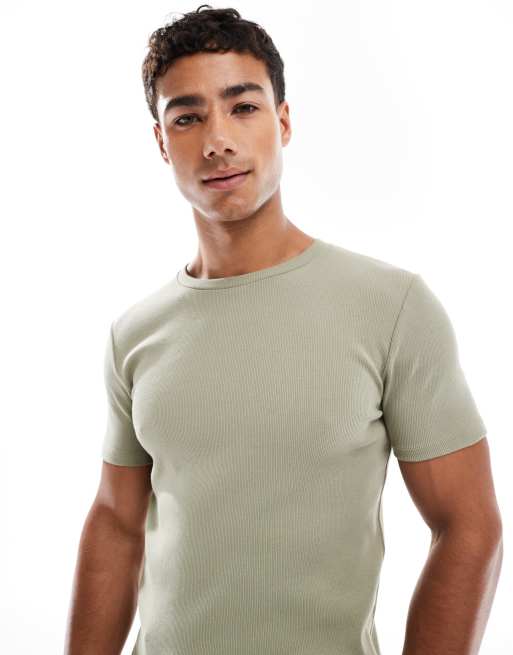 ASOS DESIGN muscle fit rib t-shirt in khaki