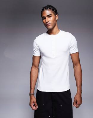 asos ASOS DESIGN muscle fit rib t-shirt with henley neck in white