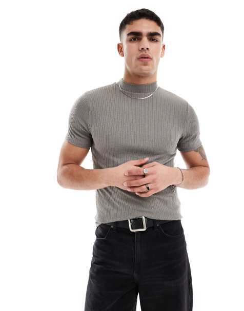 ASOS DESIGN muscle fit rib t-shirt with mock neck in gray - view 1
