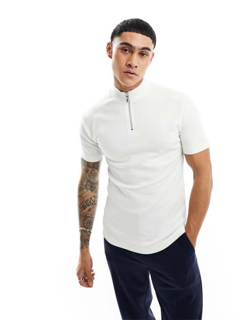 ASOS DESIGN muscle fit rib t-shirt with zip in ecru