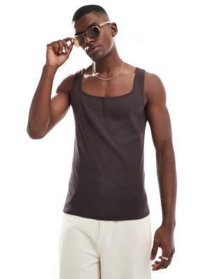 Asos Design Muscle Fit Rib Tank Top In Brown