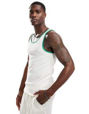 Asos Design Muscle Fit Rib Tank Top With Contrast Binding In White