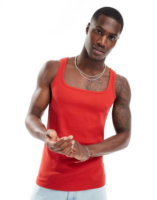 ASOS DESIGN muscle fit rib tank top with square neck in red
