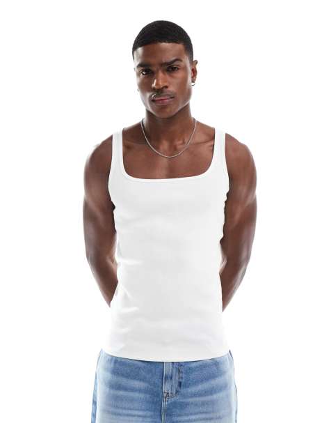 ASOS DESIGN muscle fit rib tank top with square neck in white - view 1