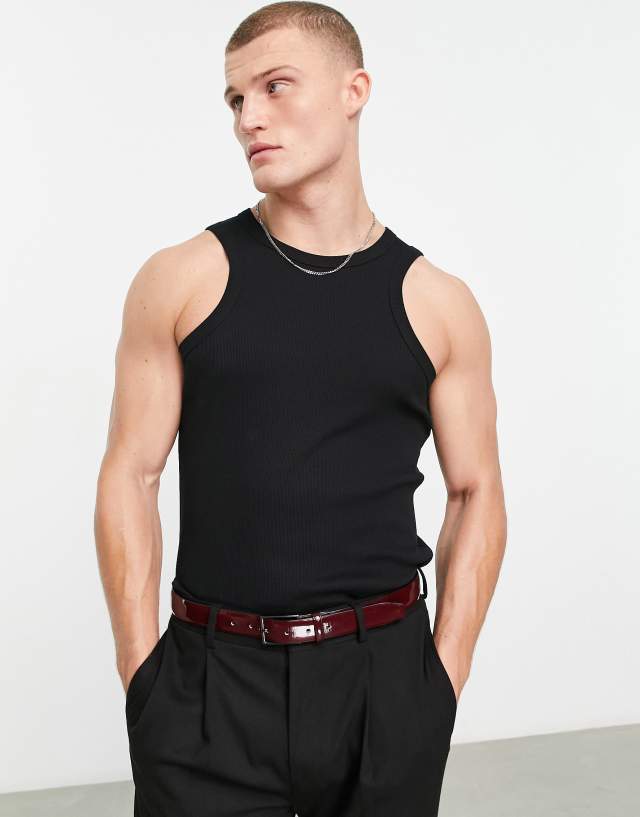 ASOS DESIGN muscle fit rib tank with racer neck in black