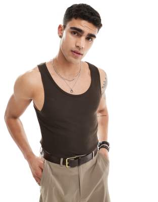 Asos Design Muscle Fit Rib Vest In Dark Brown Asos 5776