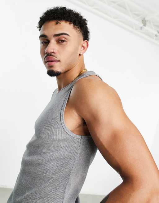 Grey Marl Ribbed Jersey Muscle Fit Vest