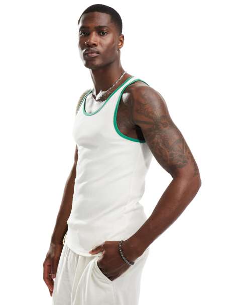 ASOS DESIGN muscle fit rib vest with contrast binding in cream - view 1