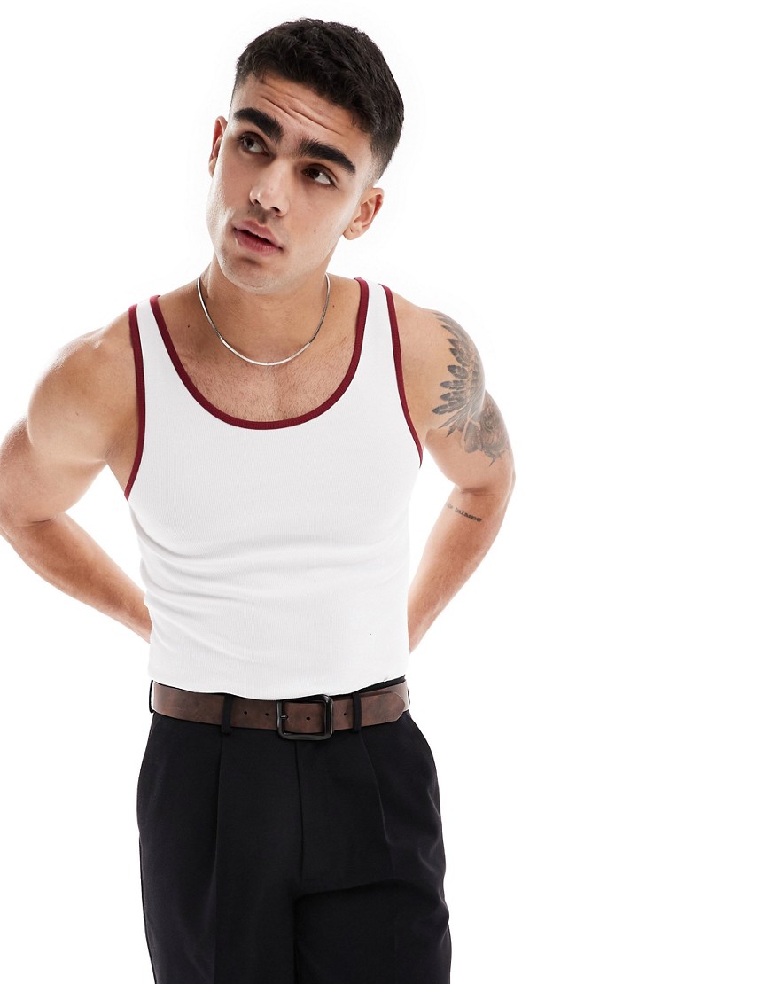 ASOS DESIGN muscle fit rib vest with contrast binding in white