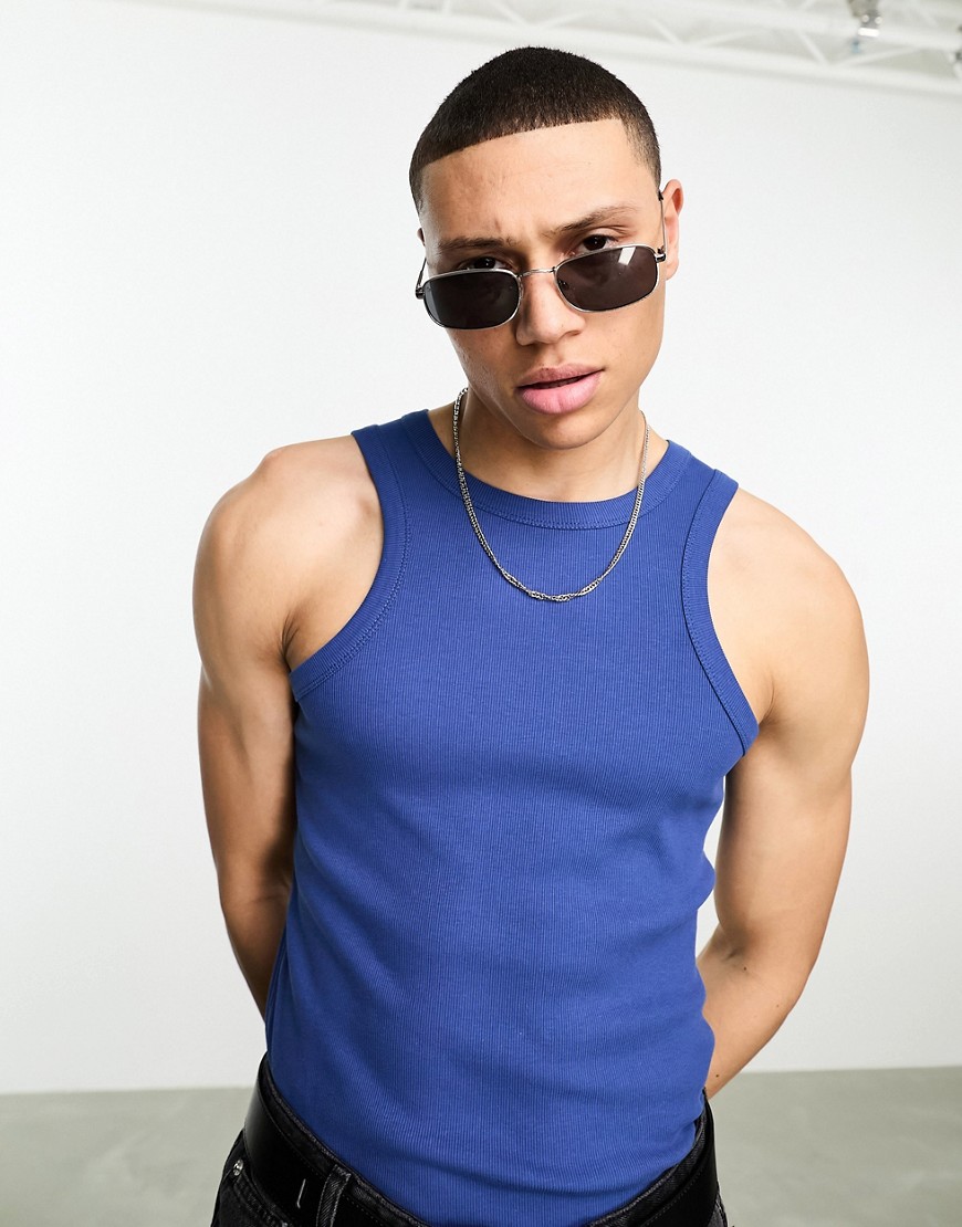 ASOS DESIGN muscle fit rib vest with racer neck in navy