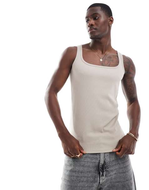 ASOS DESIGN muscle fit rib vest with square neck in stone - view 1