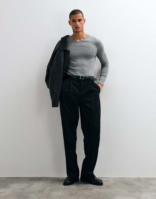 ASOS DESIGN muscle fit ribbad långärmad henley i kolmelerad, 2 av 5