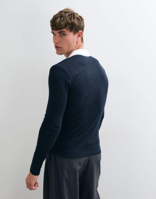 ASOS DESIGN muscle fit ribbad långärmad pikétröja i marinblå, 5 av 5