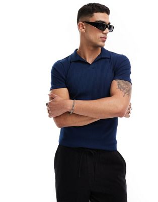 muscle fit ribbed camp collar polo shirt in blue-Navy
