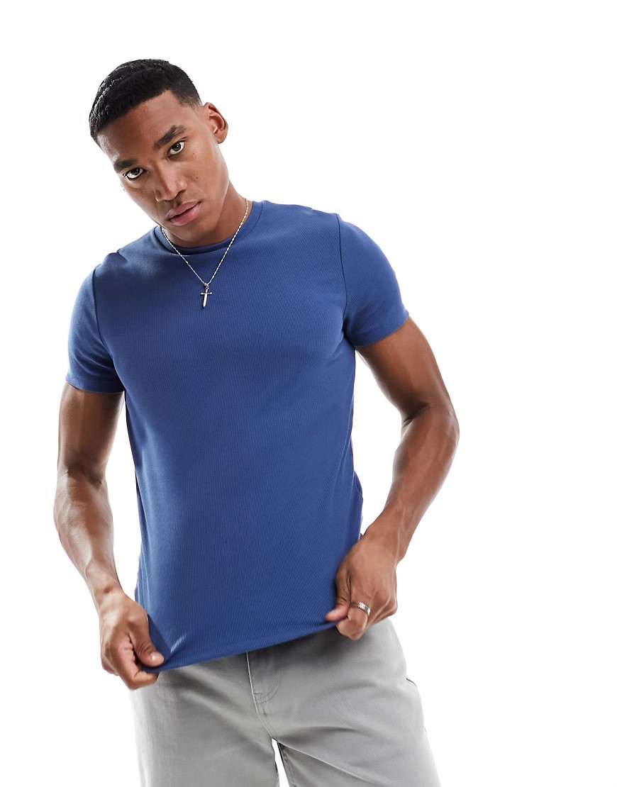 ASOS DESIGN muscle fit ribbed crew neck t-shirt in blue